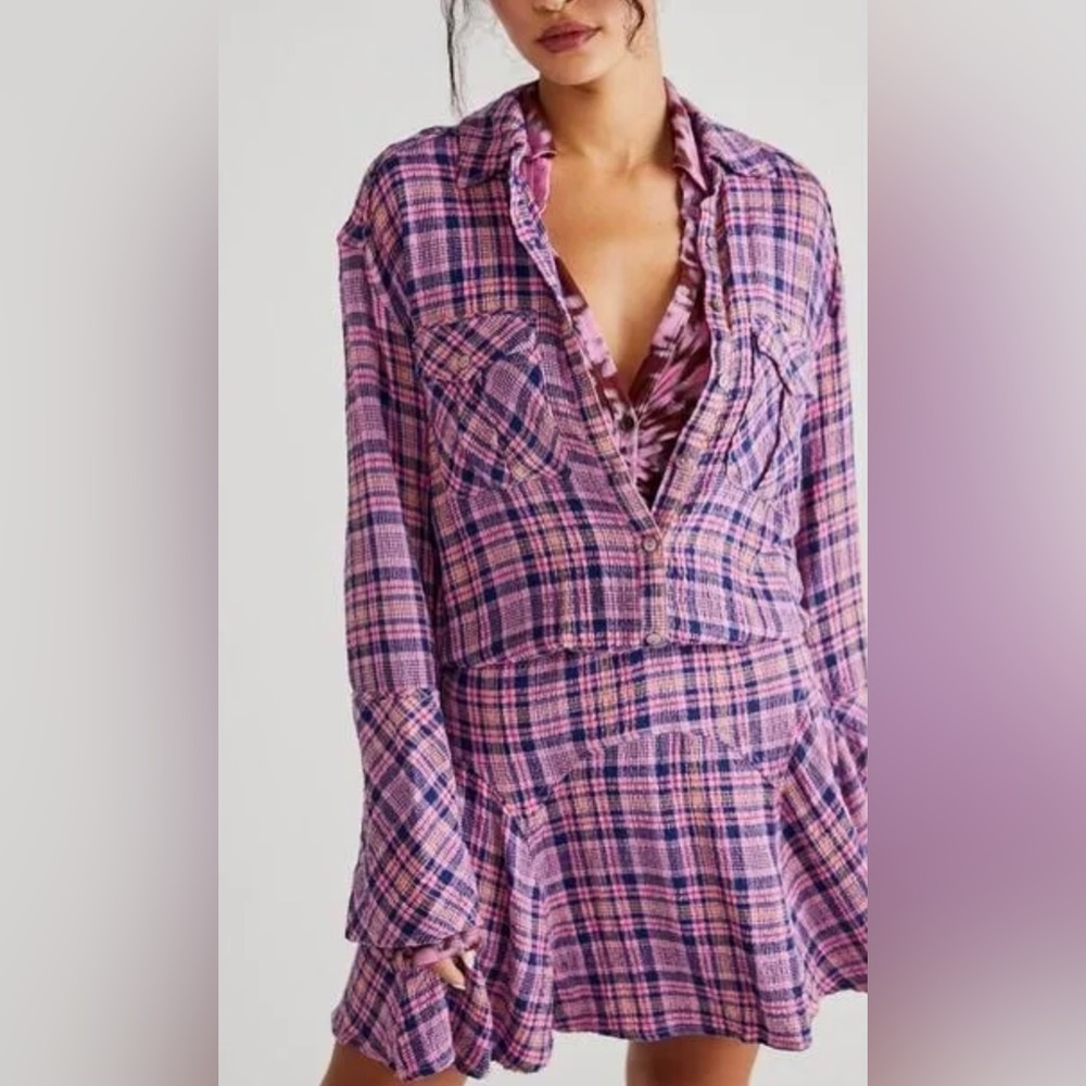 FREE PROPLE - Milo Mini Dress - Plaid Button Front Relaxed, Drapey Fit NWOT
